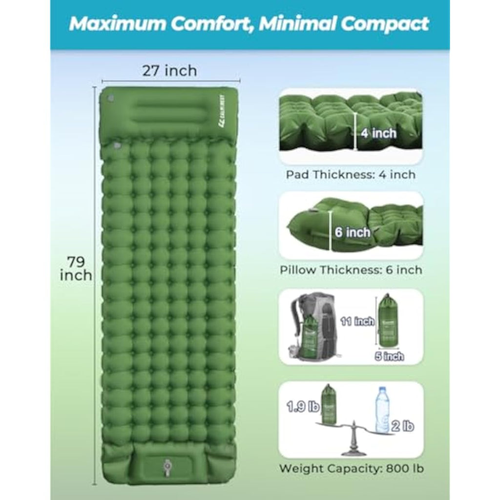 CALMCREST Inflatable Sleeping Pad – 4in Thick Camping Mat with Pillow