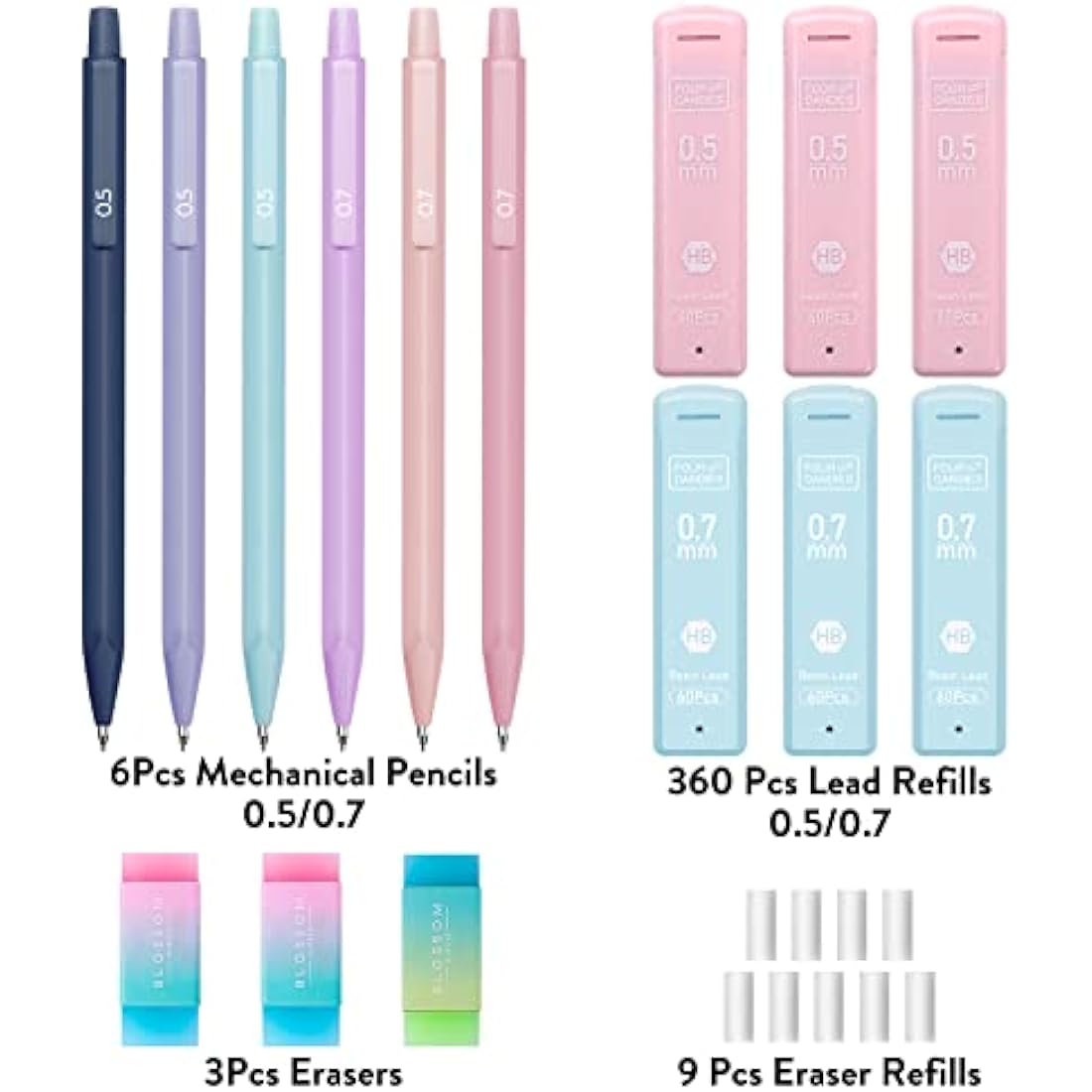 Four Candies Aesthetic Mechanical Pencil Set | 0.5mm & 0.7mm Pastel Stationery