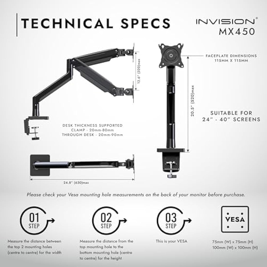 Invision MX450 Gas Spring Monitor Arm for 24-40 Inch Screens | VESA Mount