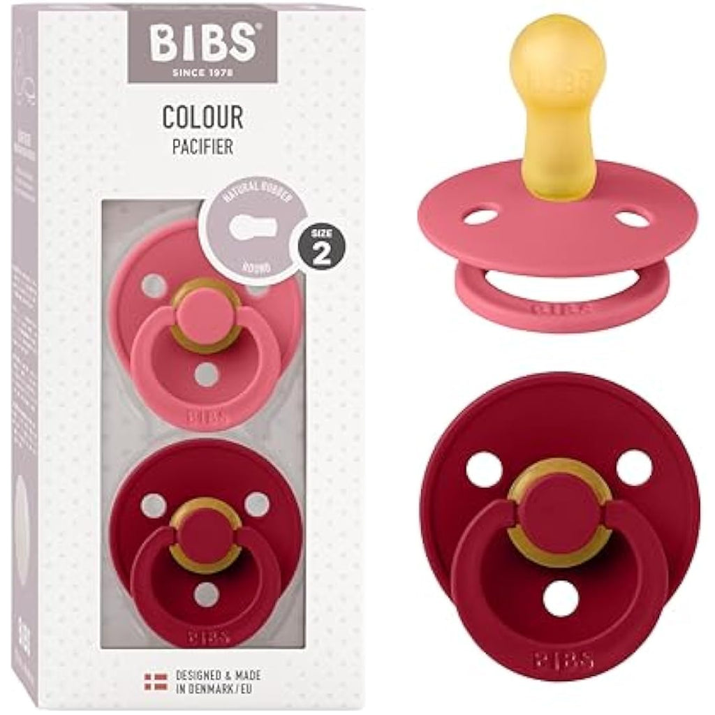 BIBS Colour Pacifier 2-Pack | Natural Rubber Latex Size 2 | Coral/Ruby