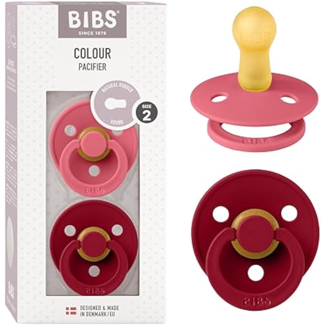 BIBS Colour Pacifier 2-Pack | Natural Rubber Latex Size 2 | Coral/Ruby