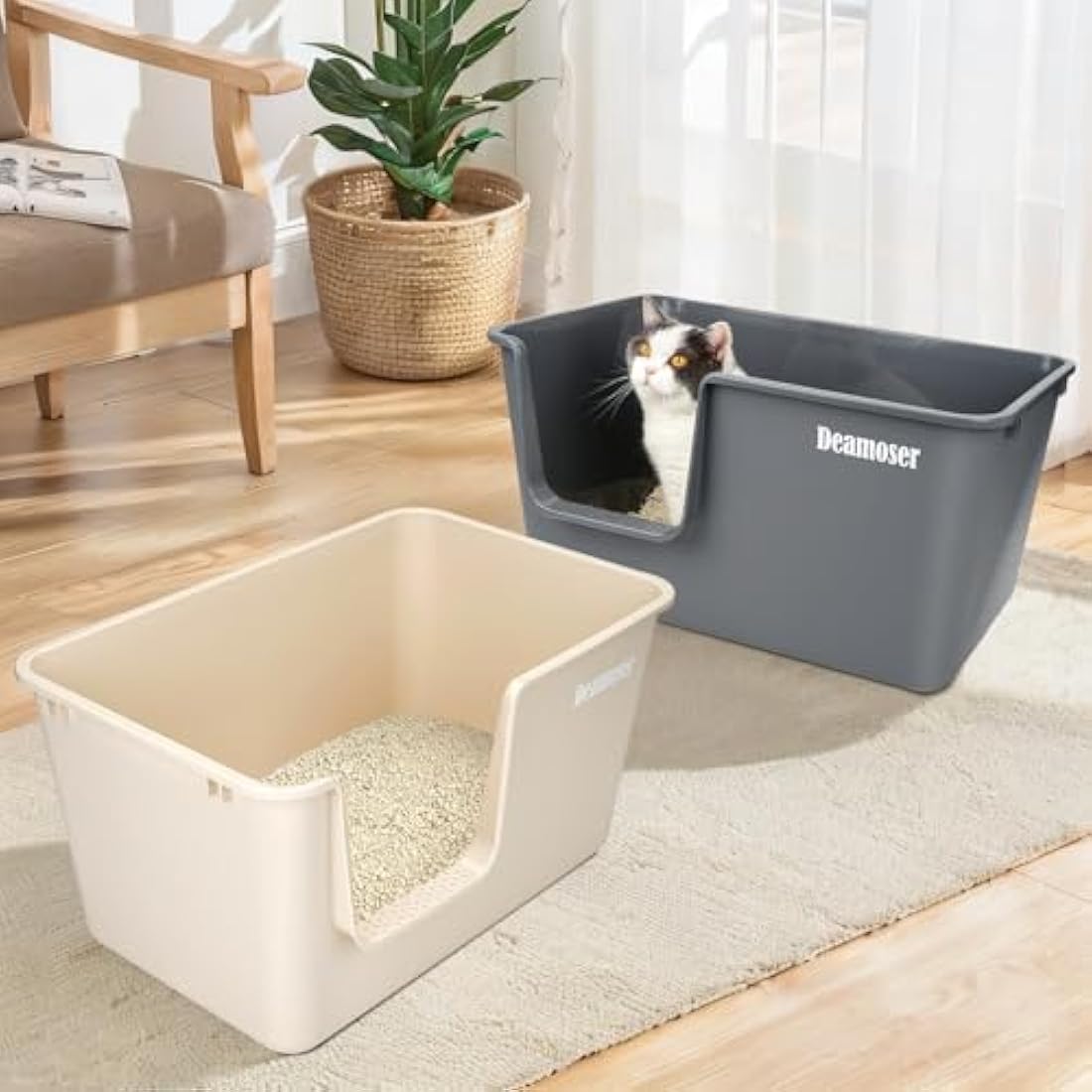 Jolof Store Extra Large High Sided Cat Litter Box | Beige Anti-Splash