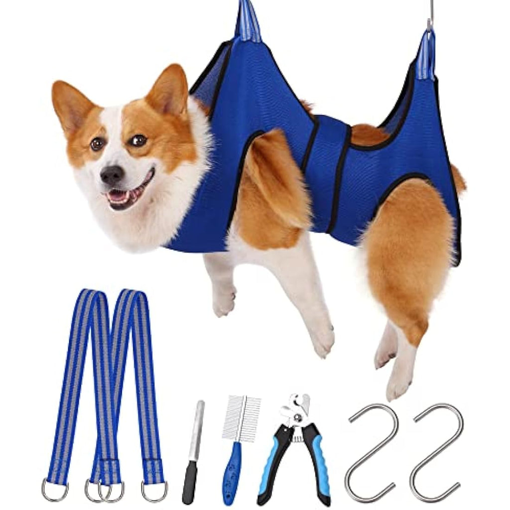 Kkiimatt Dog Grooming Hammock Harness with Nail Clippers - Blue, Large