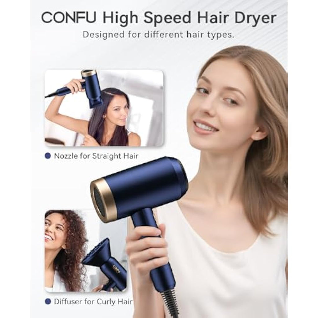 CONFU 1800W Ionic Hair Dryer | Ceramic Tourmaline Blow Dryer with Diffuser