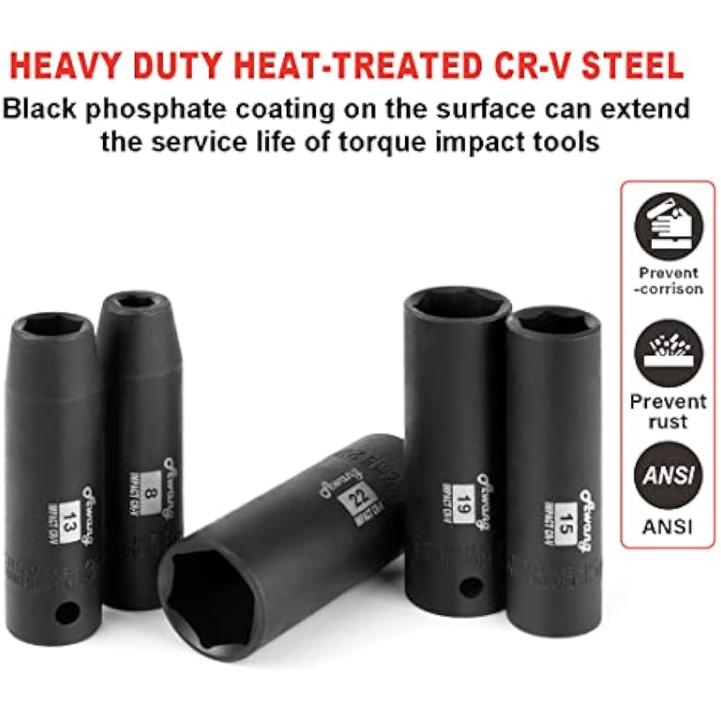 Awang 1/2-Inch Drive Master Deep Impact Socket Set, 19-Piece CR-V Metric