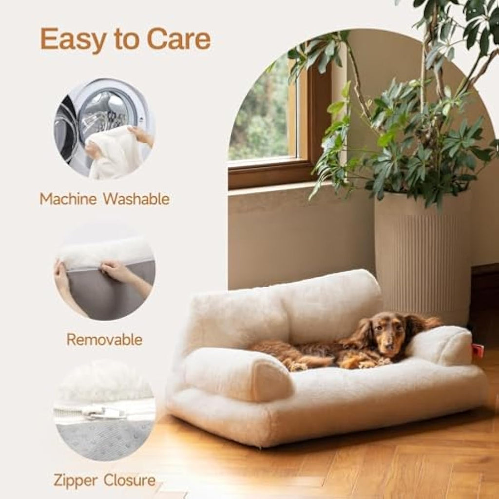 MEWOOFUN Fluffy Cat Sofa Bed | Washable Soft Pet Couch, White