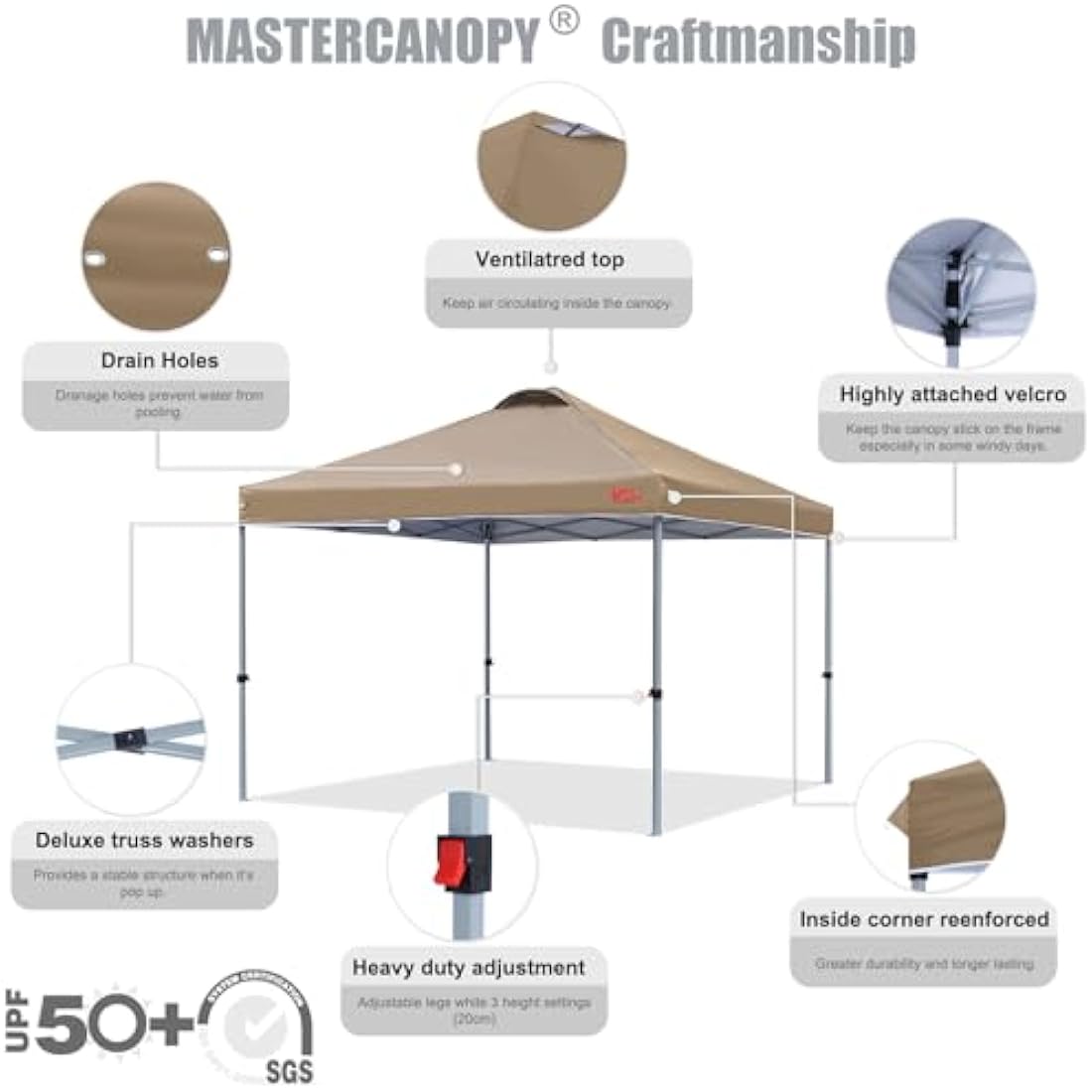 MASTERCANOPY 3x3M Pop-up Gazebo Tent | UV Protection Canopy - Khaki