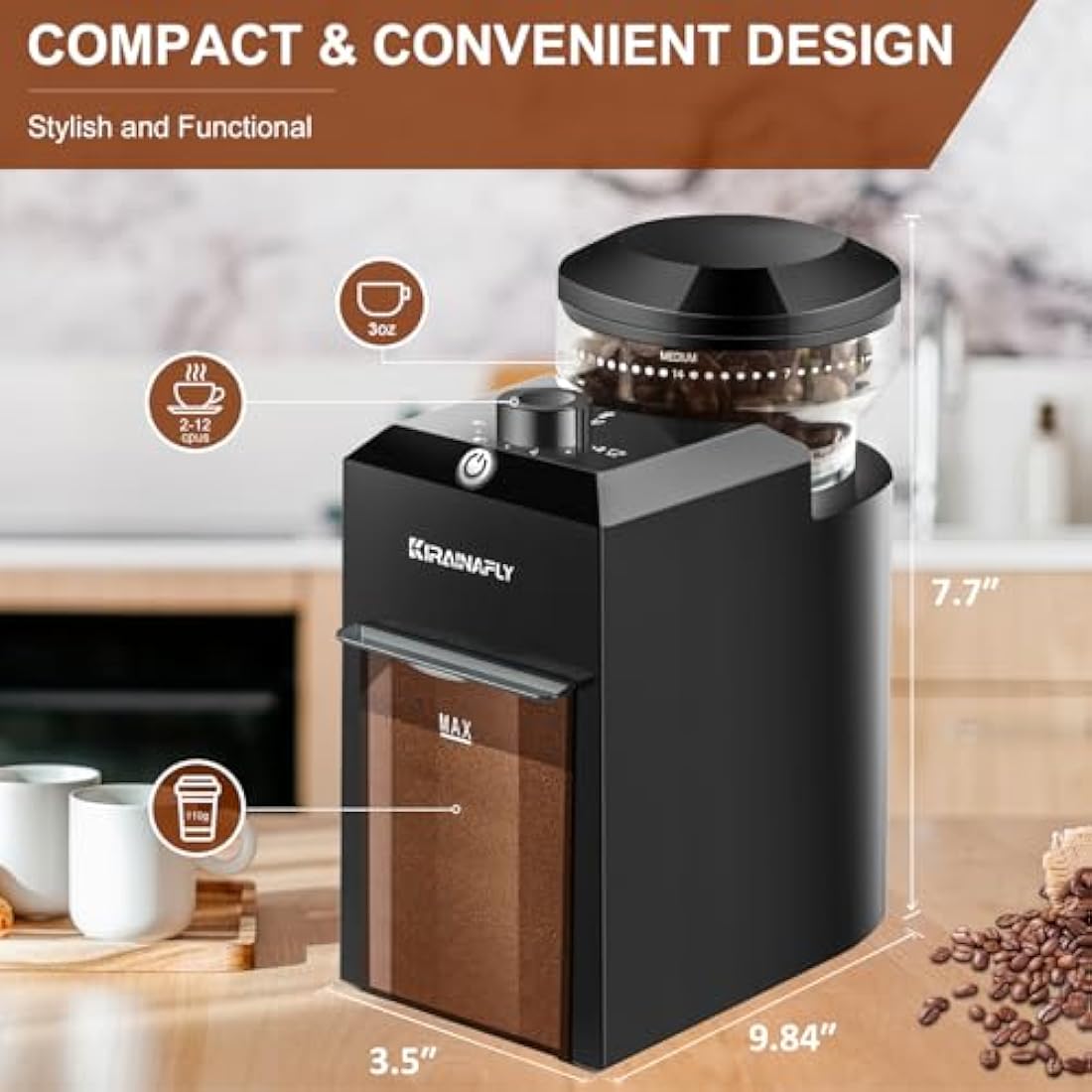 KINRAINAFLY Electric Burr Coffee Grinder | 28 Settings for Espresso