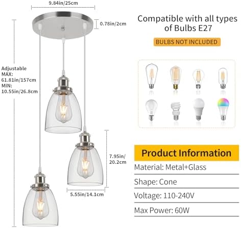 Jolof Store Industrial 3-Light Glass Pendant Light – Brushed Nickel Cone