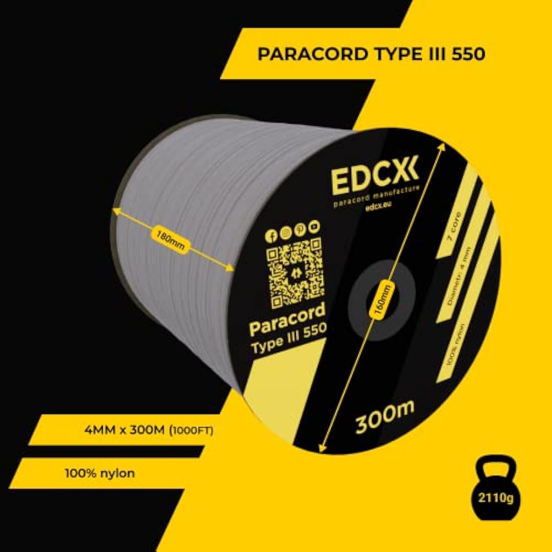 EDCX 550 Paracord Type III – 4mm Nylon Survival Rope for DIY & Camping