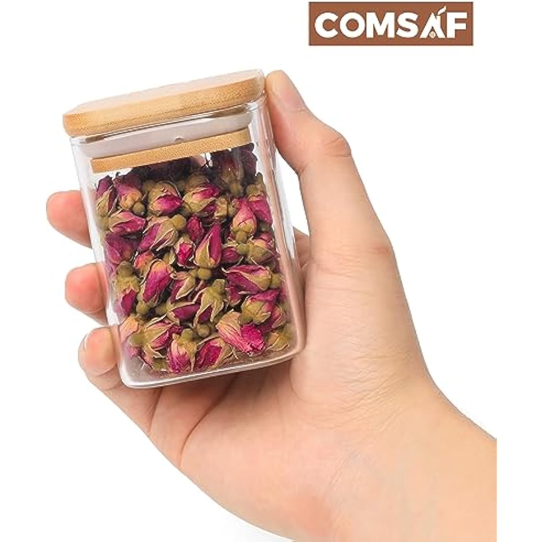 ComSaf 16 Pcs Glass Spice Jars with Bamboo Lids - 6oz Square Containers