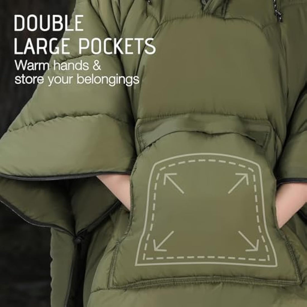 REDCAMP Wearable Camping Blanket | Waterproof Hooded Poncho – Army Green