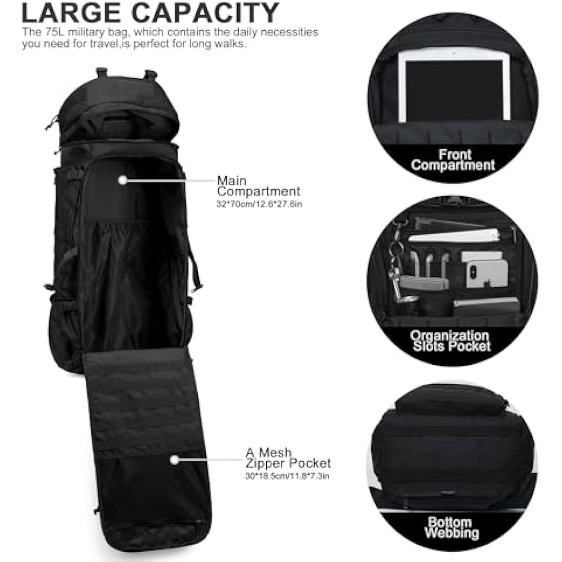 Mardingtop 75L Tactical Backpack | 600D Polyester Military Rucksack