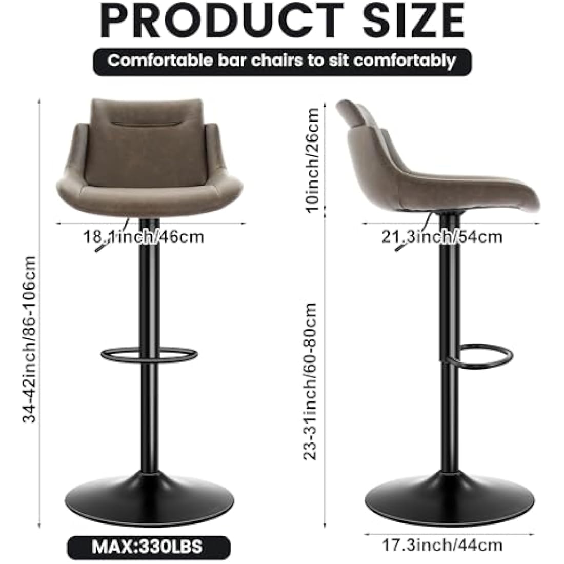 Jolof Store Bar Stools Set of 2 – Brown Swivel PU Leather Kitchen Chairs