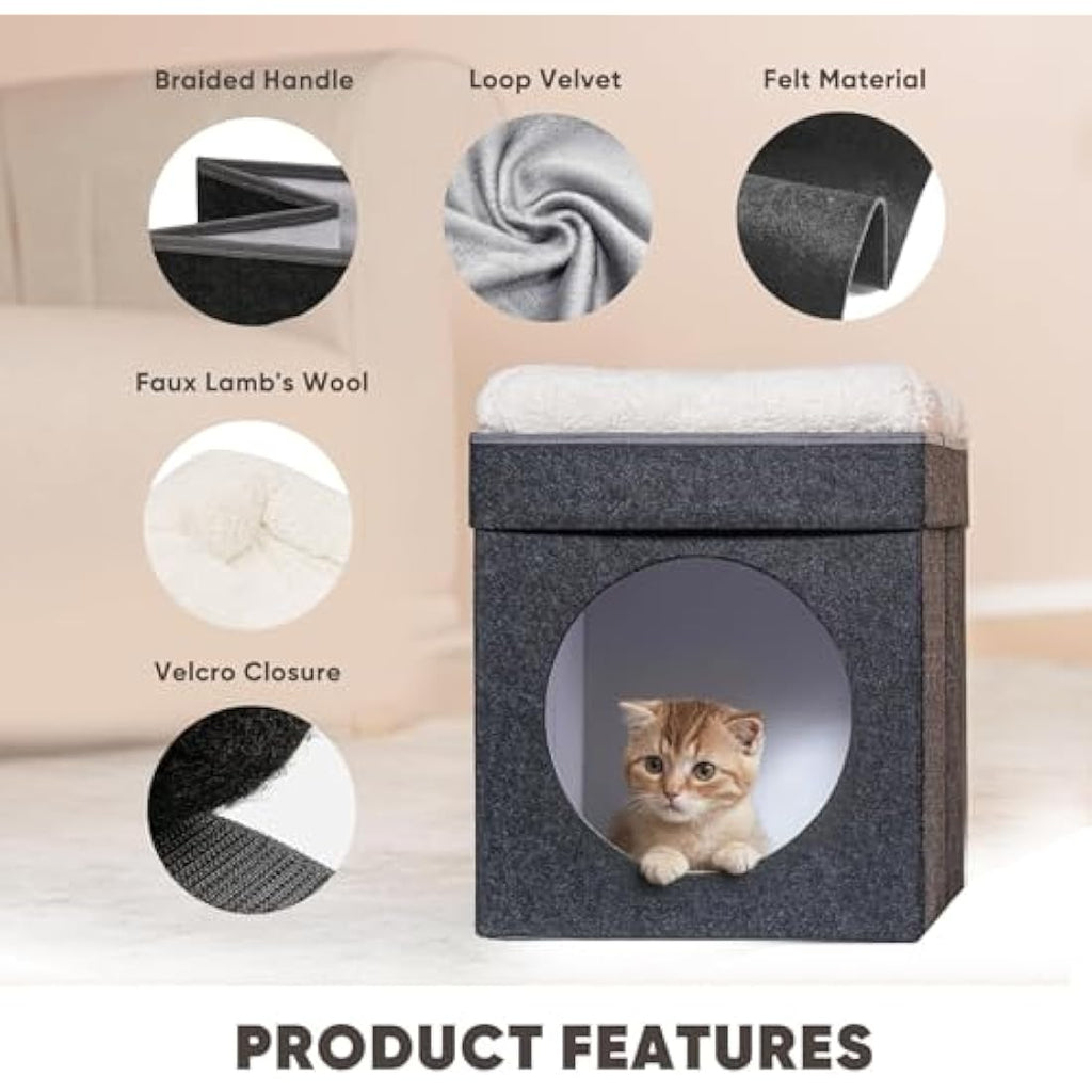Bonlife Foldable Felt Cat House – Large Indoor Pet Bed with Cushion