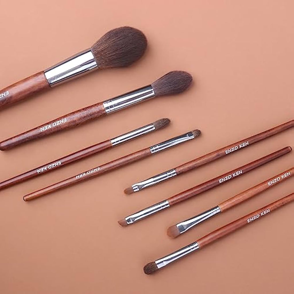 ENZO KEN Natural Horse Hair Makeup Brush Set with Walnut Handle & Case