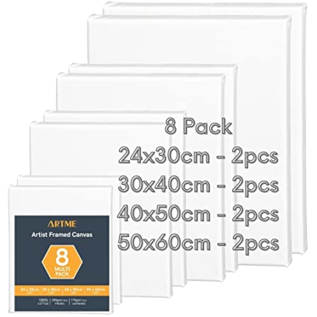 Artme Pre-Stretched Cotton Canvas Set - 8pcs Assorted Sizes - 280GSM
