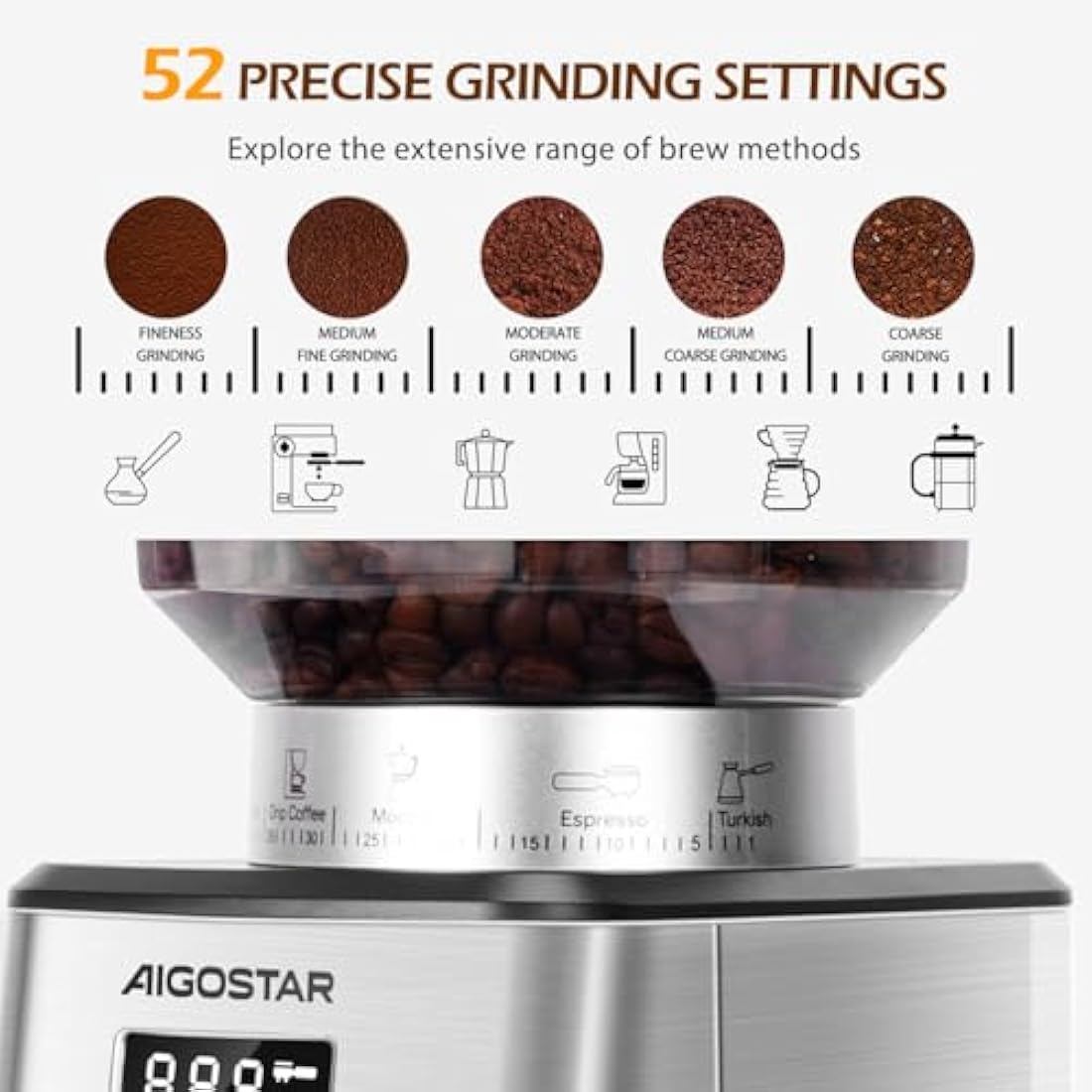 Aigostar Conical Burr Coffee Grinder – 52 Precise Settings for Espresso