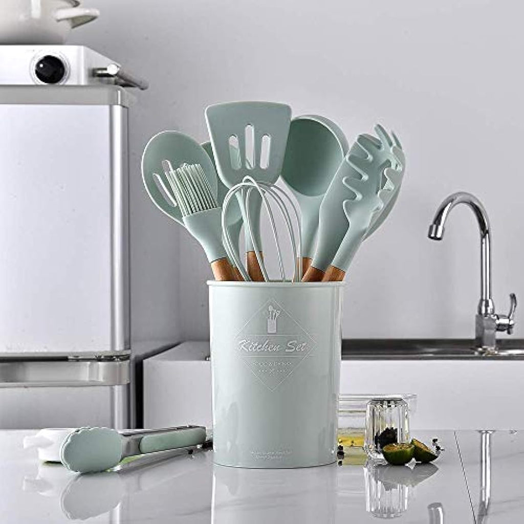 Jolof Store 9-Piece Silicone Kitchen Utensil Set with Wooden Handles
