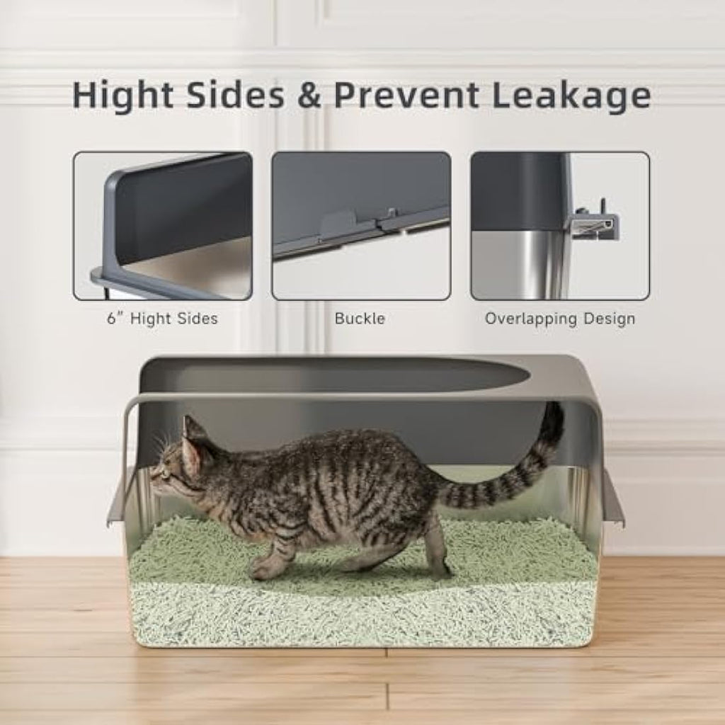 Stainless Steel Cat Litter Box – High-Sided Metal Pan with Lid