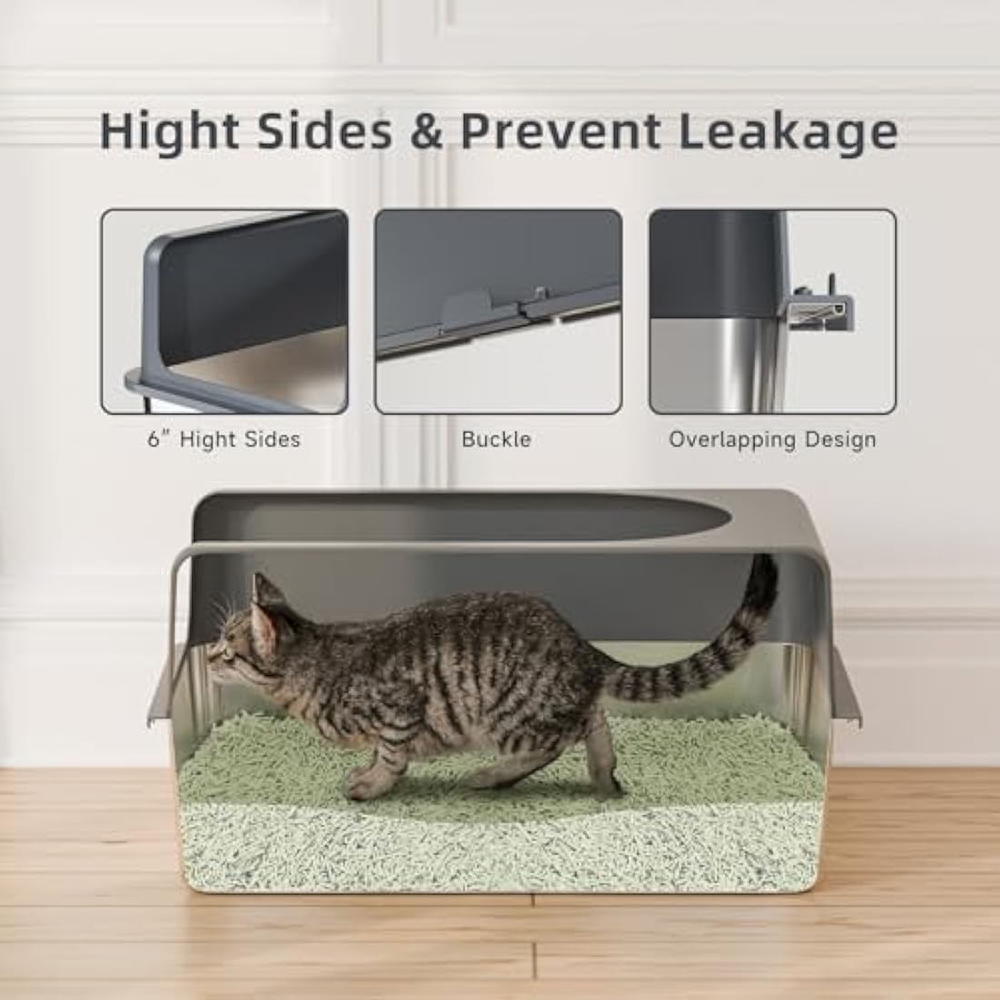 Stainless Steel Cat Litter Box – High-Sided Metal Pan with Lid