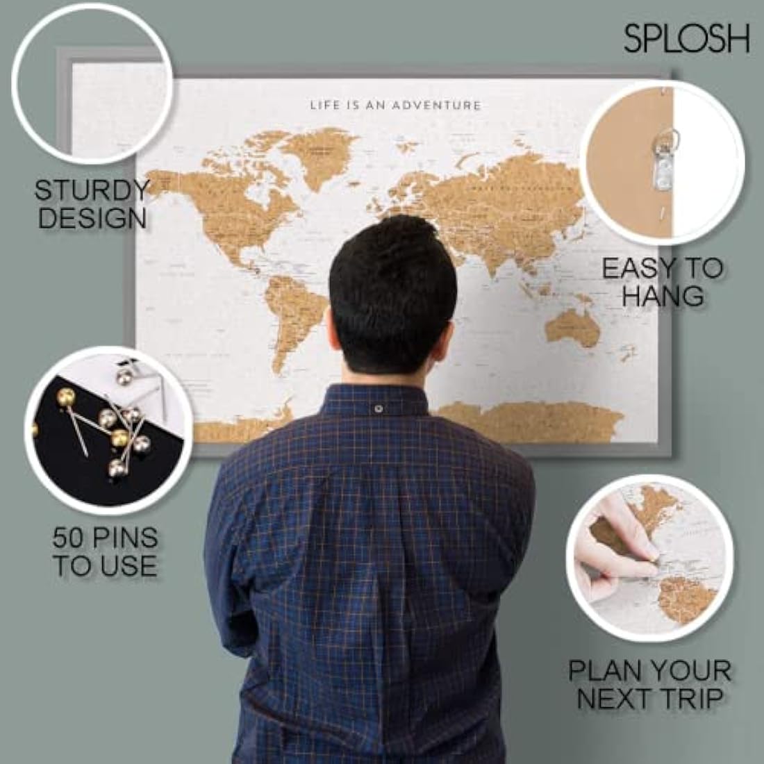 Splosh World Map Pin Board – Grey Framed Cork Board with 100 Pins