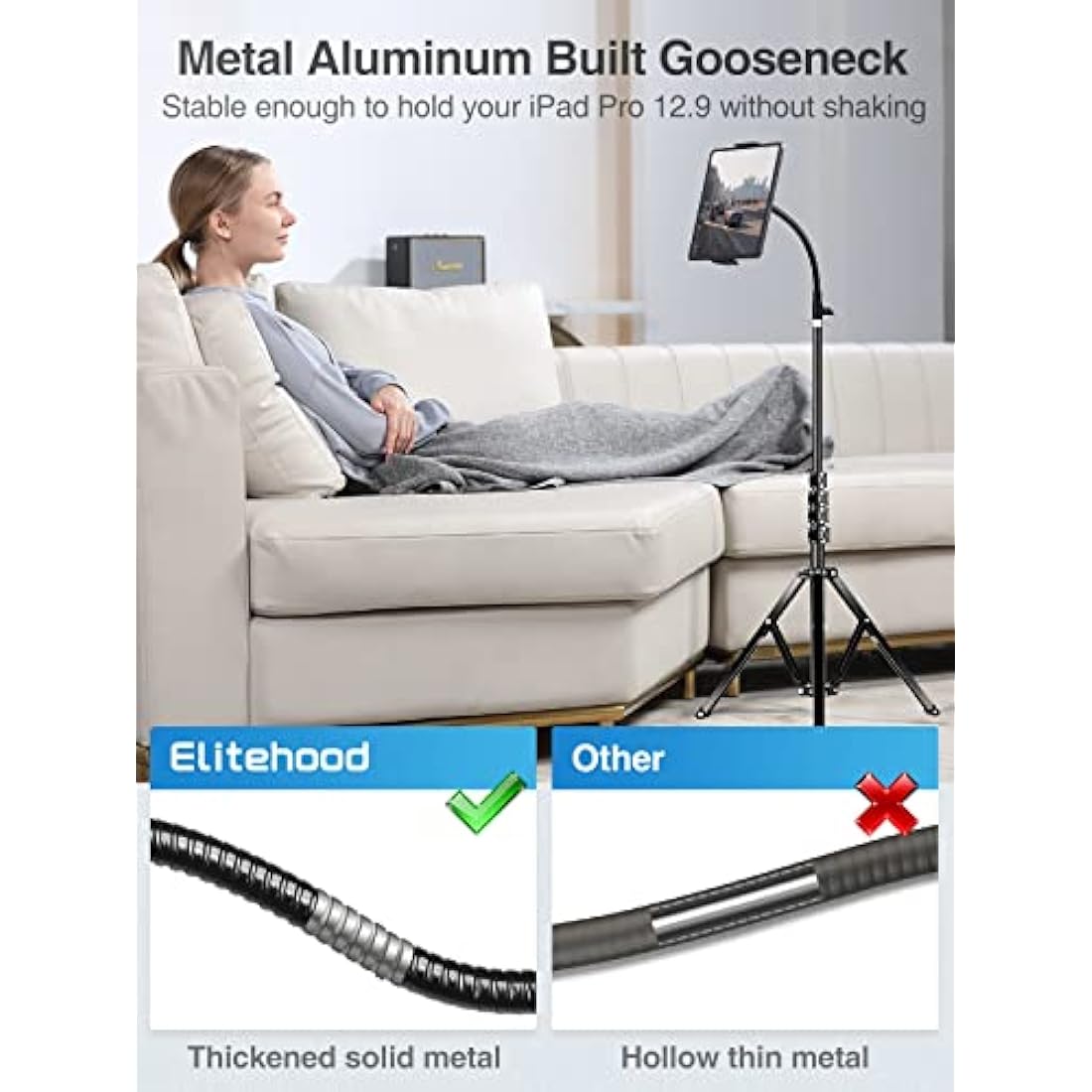 Elitehood 72” Gooseneck iPad Tripod Stand – Tall Tablet Floor Mount, Black