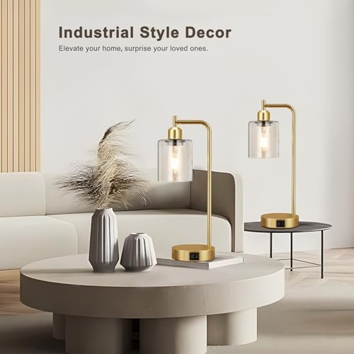 Aooshine Industrial Touch Bedside Lamps Set of 2 | Gold with USB C+A