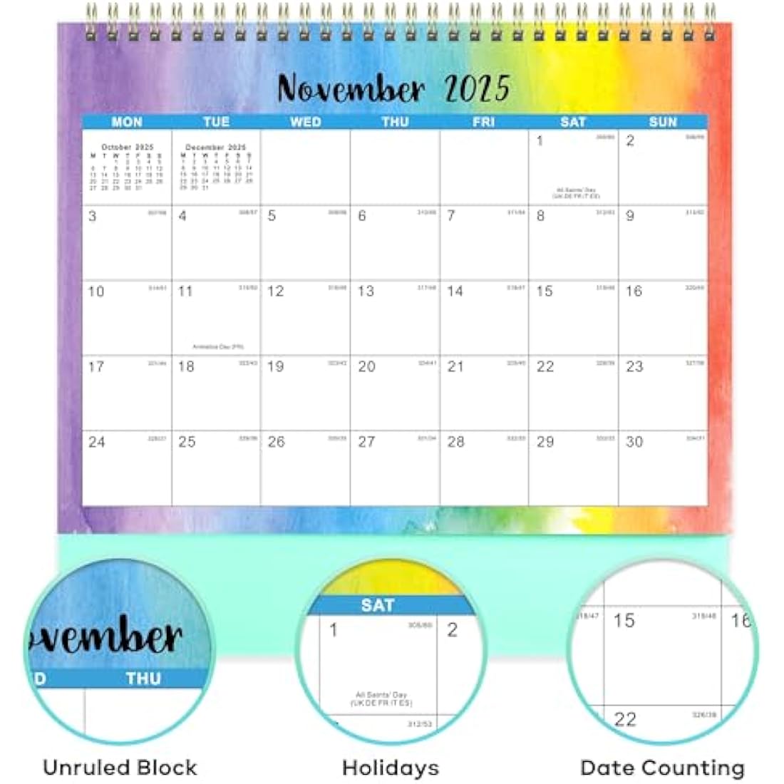 2025-2026 Desk Calendar – 18 Month Rainbow Watercolor Ink