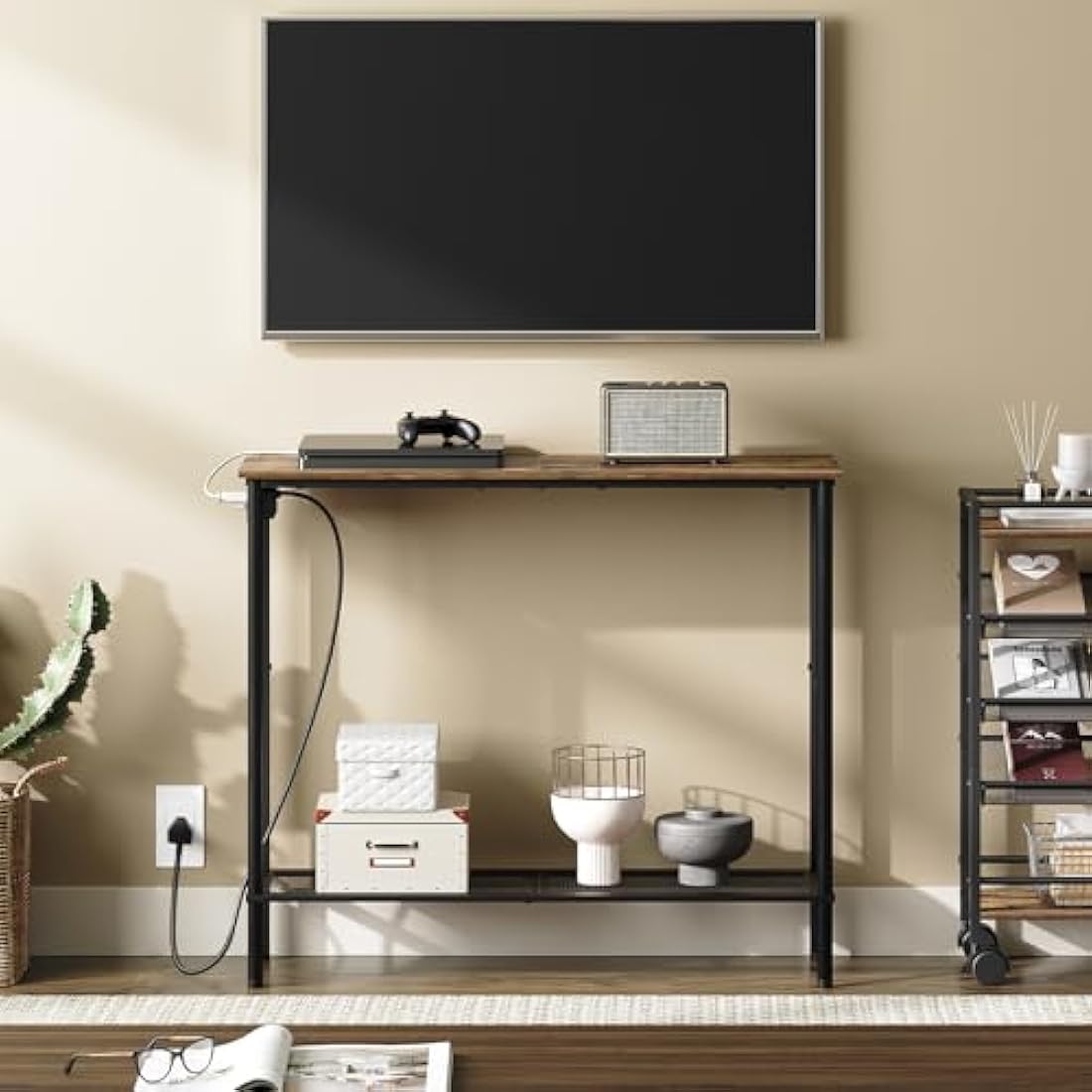 YATINEY Slim Console Table with Power Outlet | 2-Tier Sofa Table