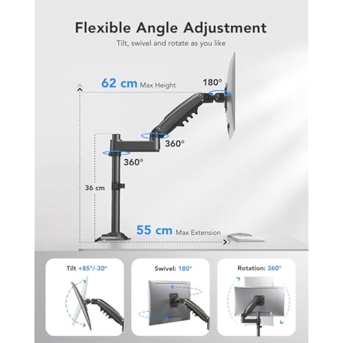 HUANUO Single Monitor Arm | Gas Spring Desk Mount for 13-34 Inch Screens