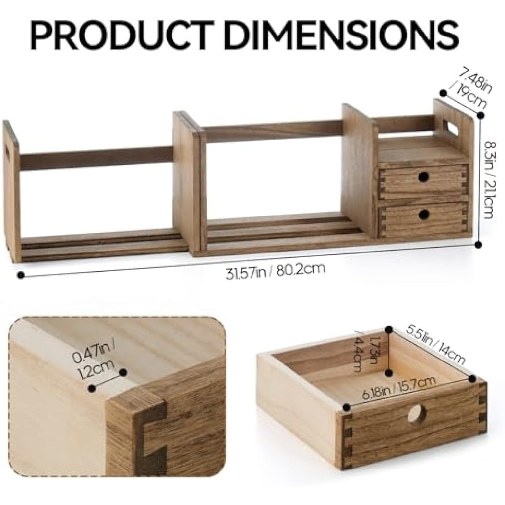 KIRIGEN Expandable Wooden Desktop Bookshelf with 2 Drawers | Solid Wood