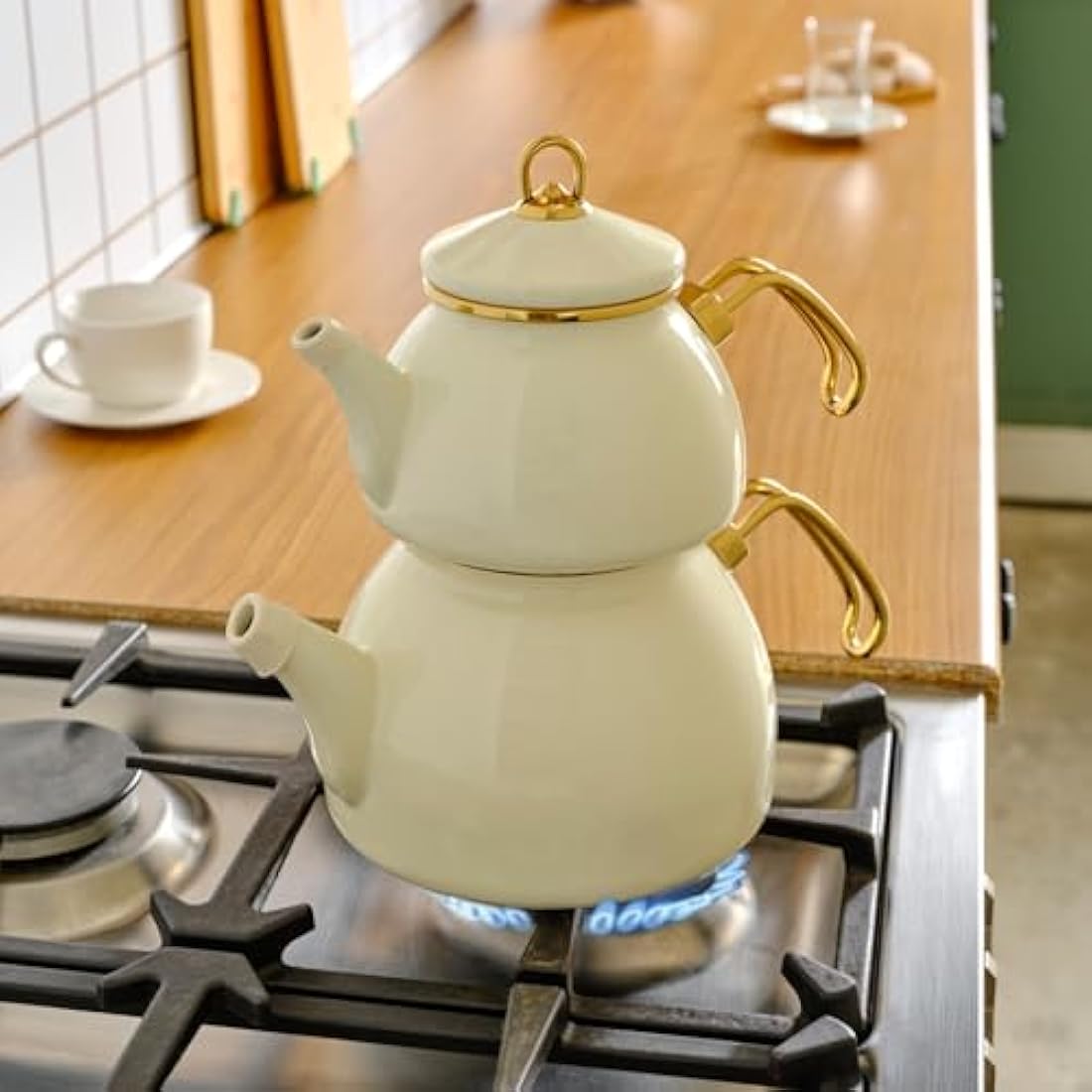 Karaca Retro Enamel Turkish Teapot Set | Induction Safe Kettle, Cream