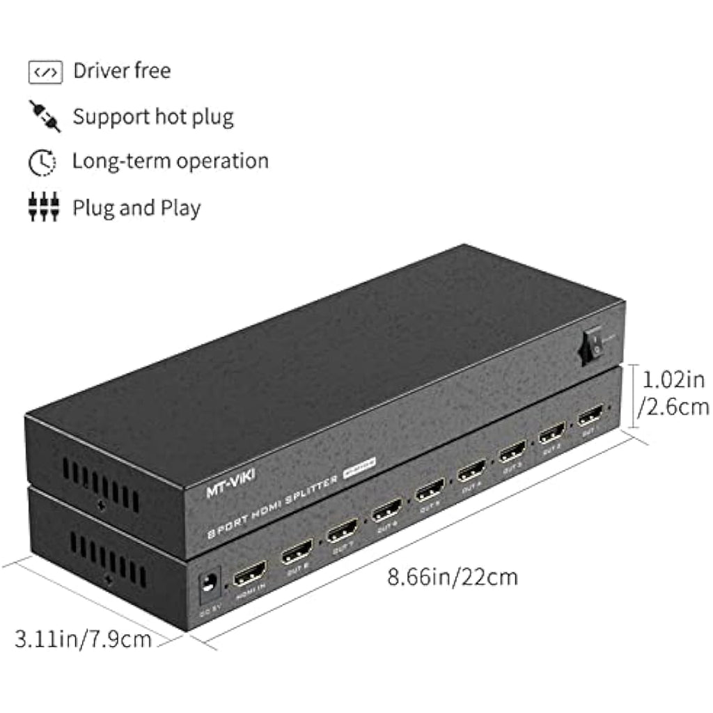 MT-VIKI 4K HDMI Splitter 1 in 8 Out | 8-Port Video Distributor with UK Power