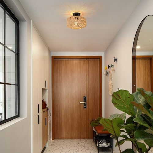 FORCOSO Rattan Ceiling Light – Boho Handwoven Wicker Lamp for Bedroom