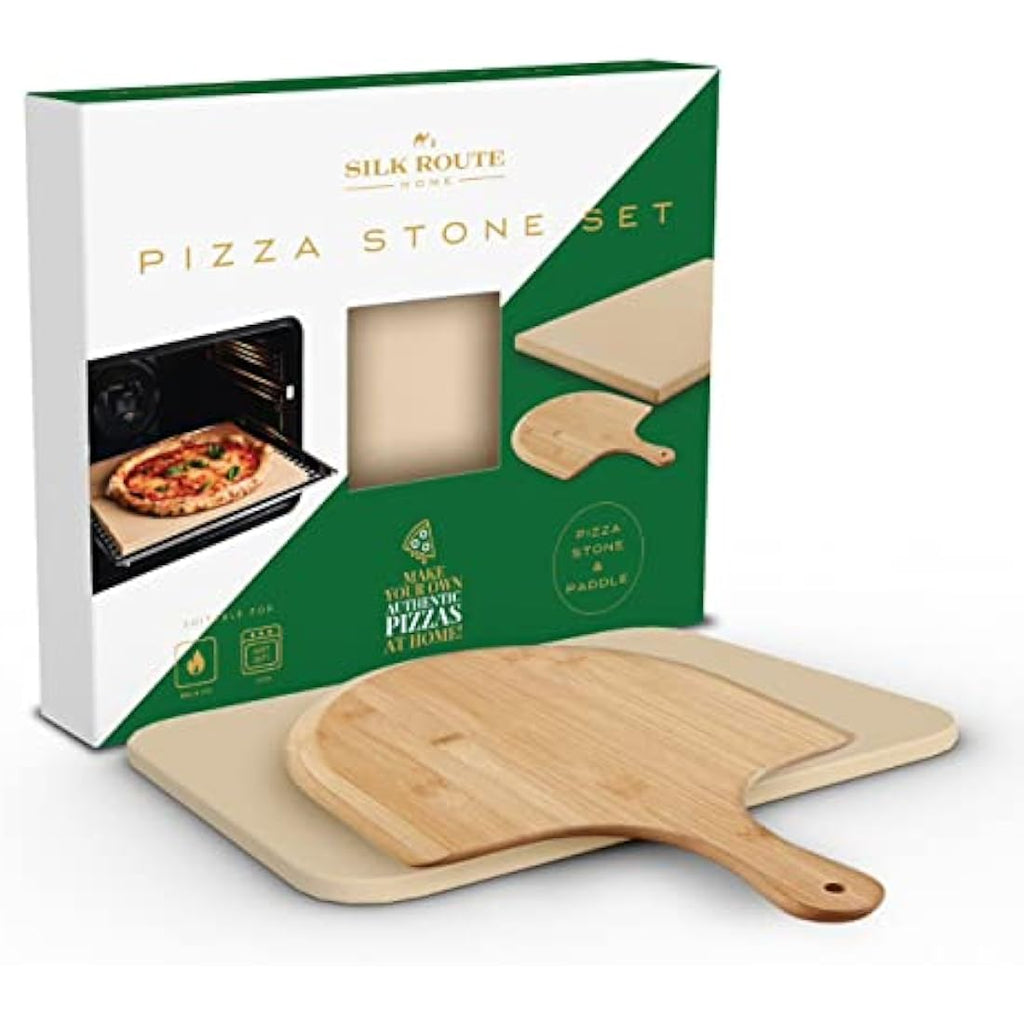 Silk Route Home Cordierite Pizza Stone and Bamboo Paddle Set - 38x30cm