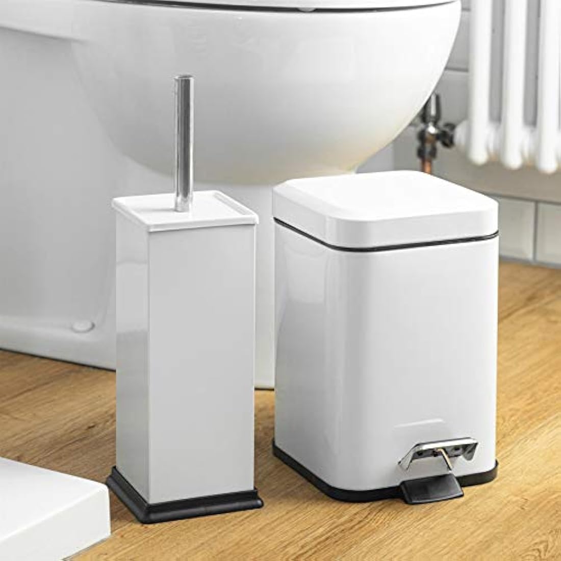 White Stainless Steel Bathroom Pedal Bin & Toilet Brush Set