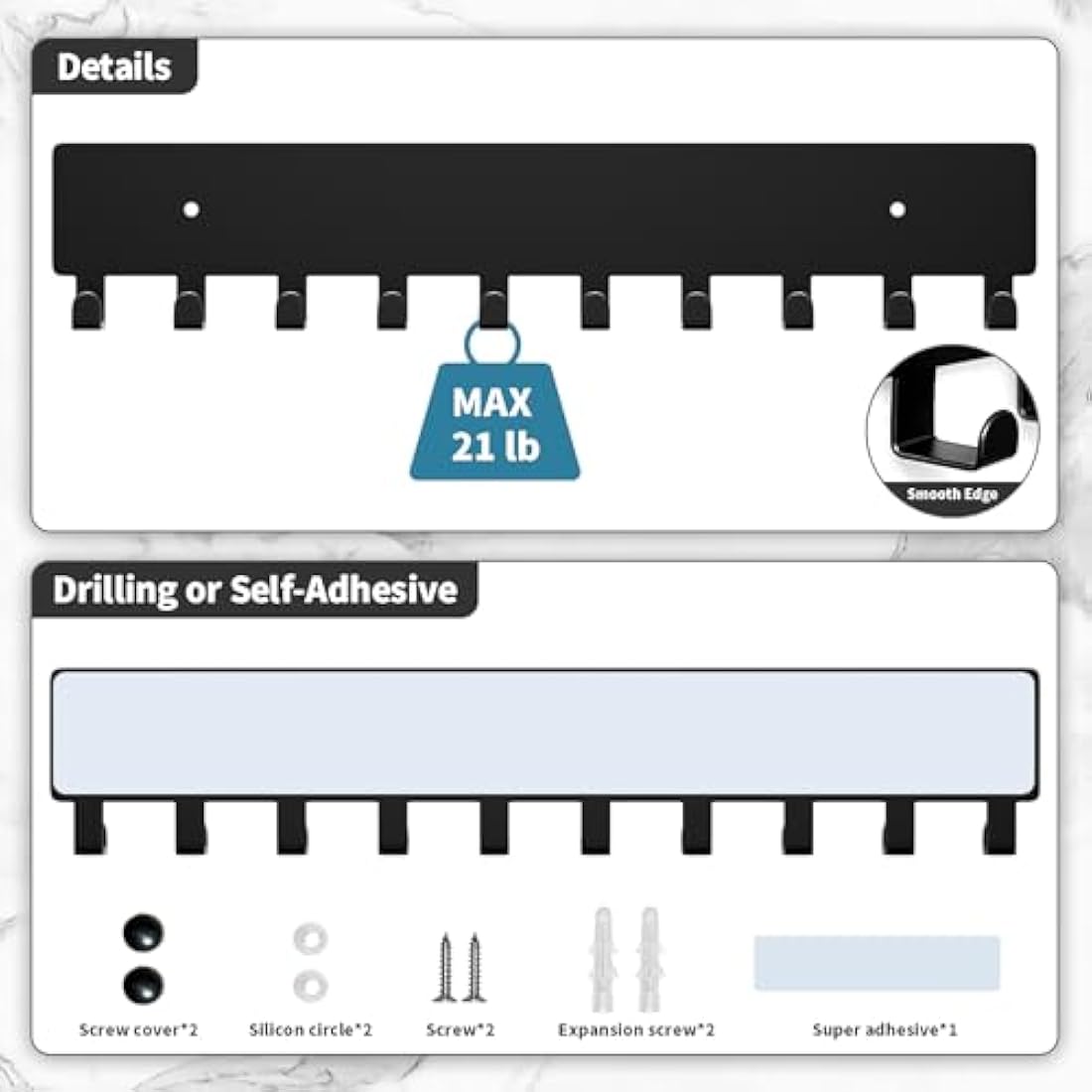 Key Holder for Wall – 10 Metal Hooks, Matte Black Key Rack