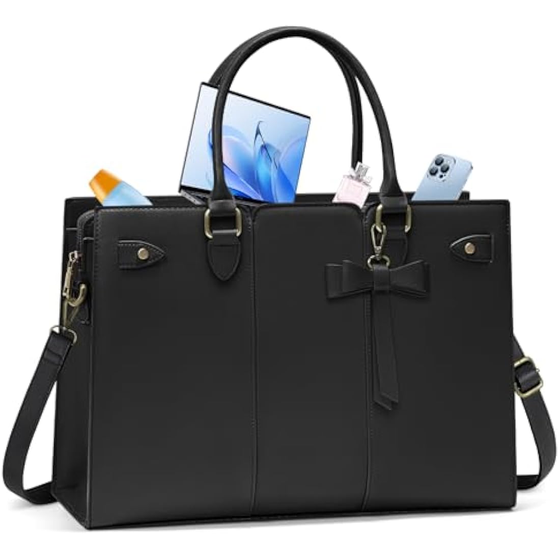 RAINSMORE 15.6 Inch Laptop Bag for Women | PU Leather Work Tote – Black