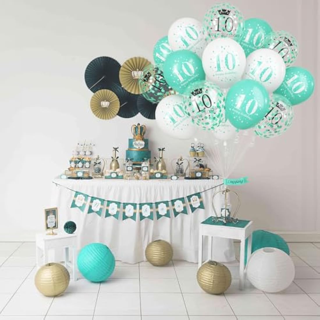 10th Birthday Balloons – 15pc Teal & White Party Decorations