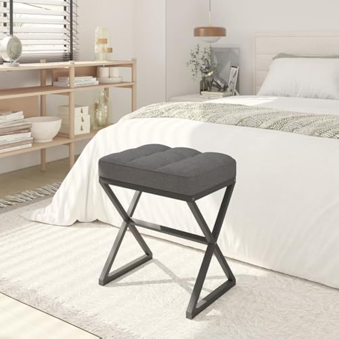 YMYNY Linen Vanity Stool – Square Ottoman Bench with X-Shaped Metal Legs