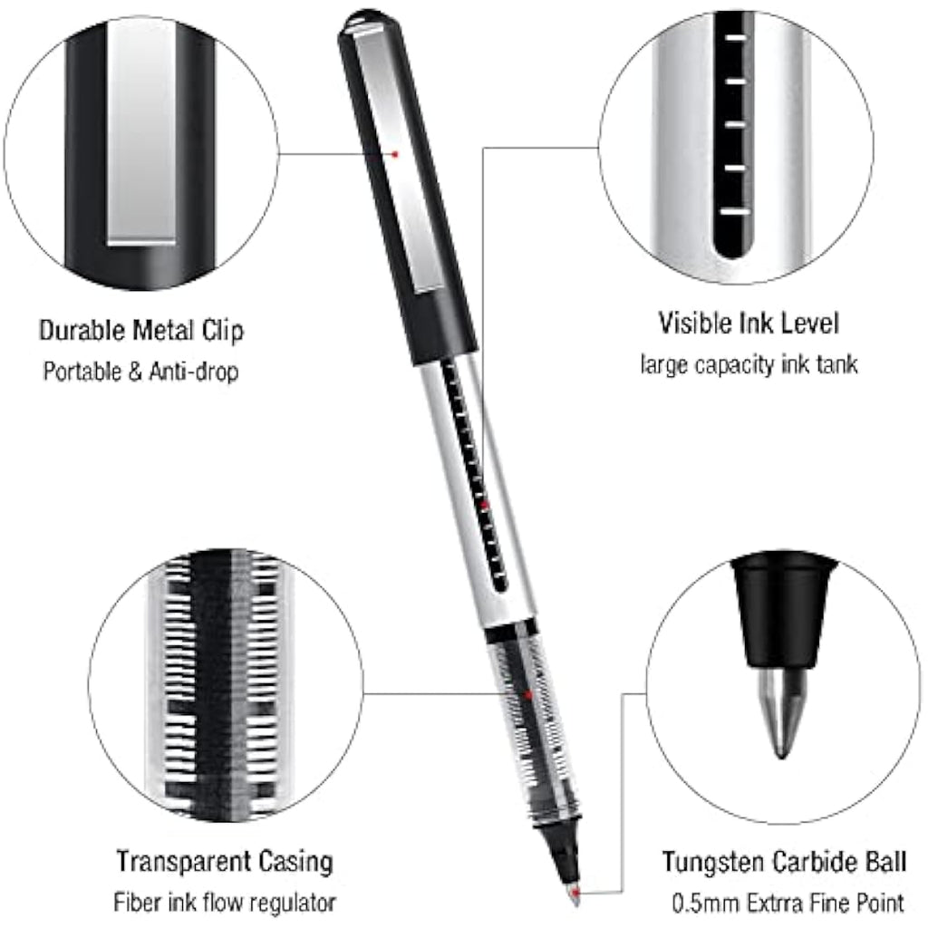 AKARUED 24 Pack Black Rollerball Pens | 0.5mm Quick-Drying Liquid Ink