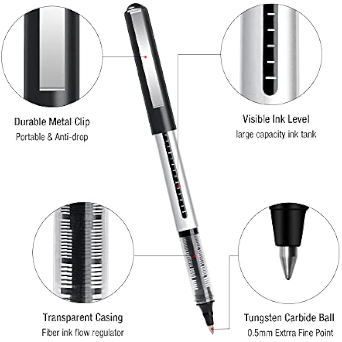 AKARUED 24 Pack Black Rollerball Pens | 0.5mm Quick-Drying Liquid Ink