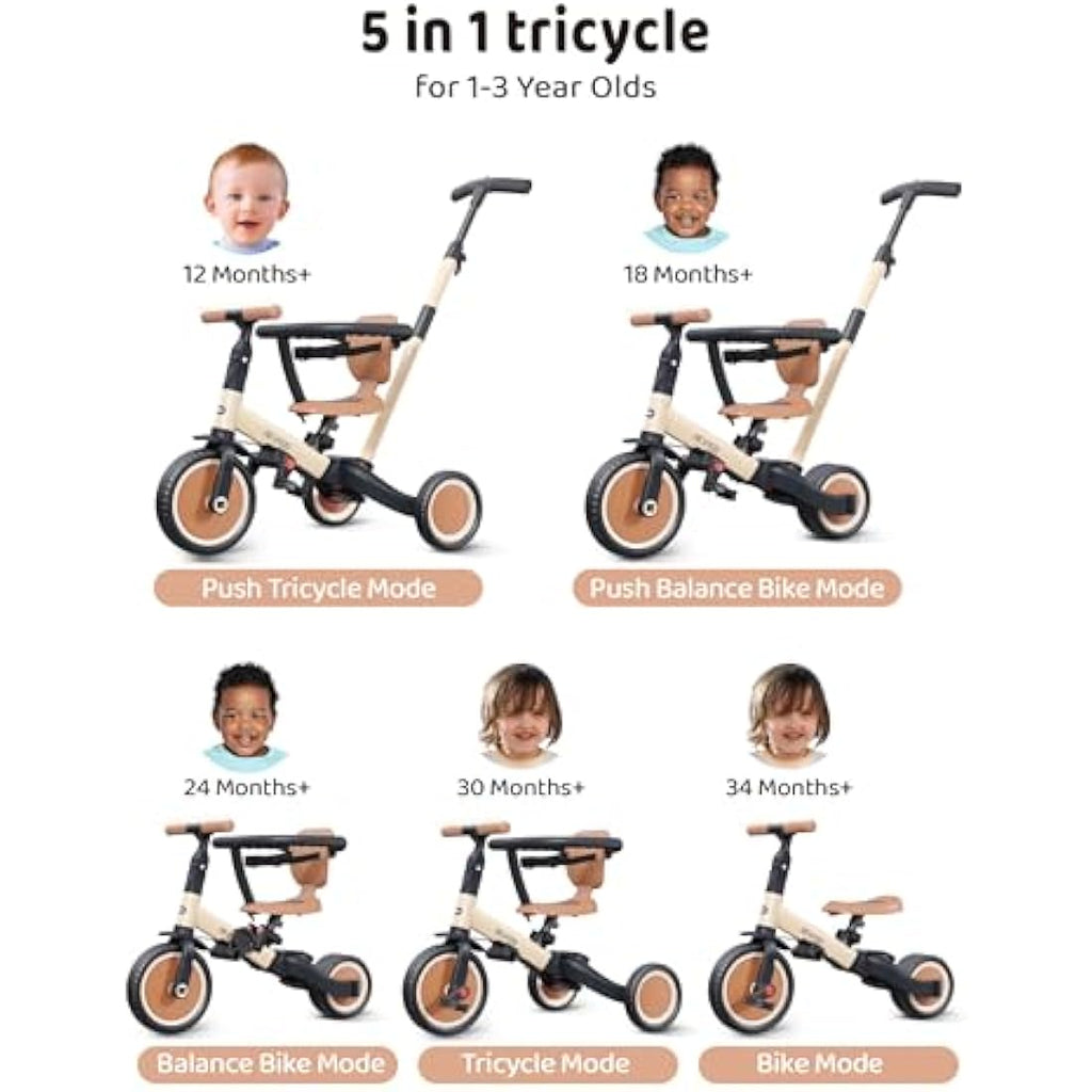 newyoo 5-in-1 Toddler Tricycle with Parent Handle - Khaki TR008