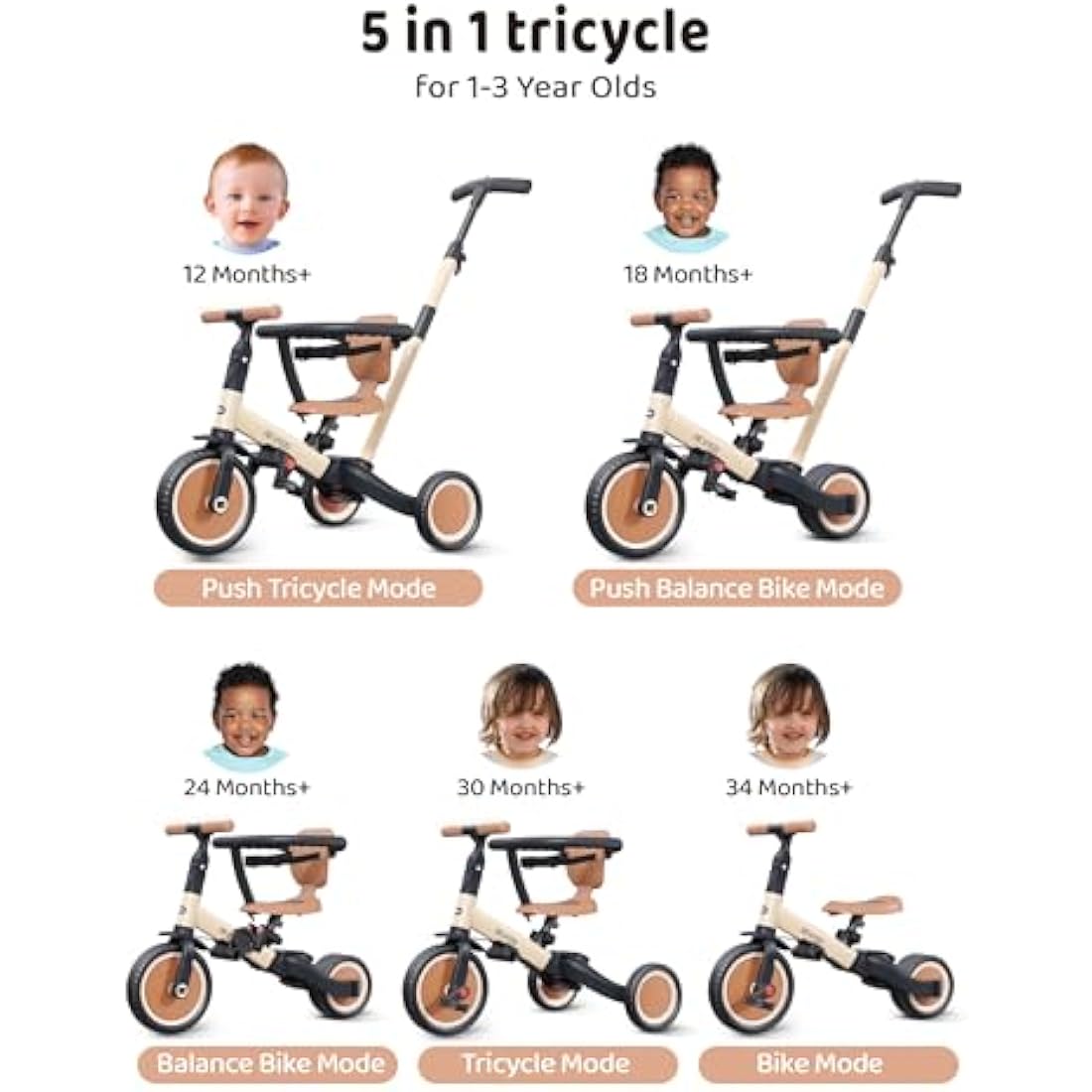 newyoo 5-in-1 Toddler Tricycle with Parent Handle - Khaki TR008