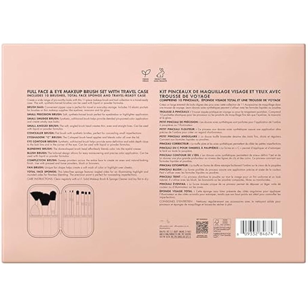 e.l.f. Makeup Brush Set - 11 Piece Vegan Face & Eye Kit with Travel Case