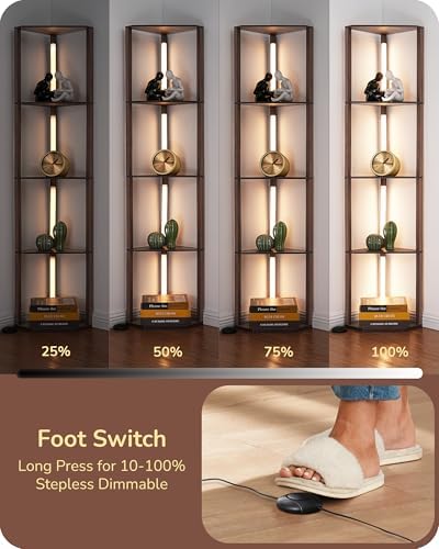 EDISHINE LED Floor Lamp with 4-Tier Shelves | Dimmable Walnut Wood Lamp