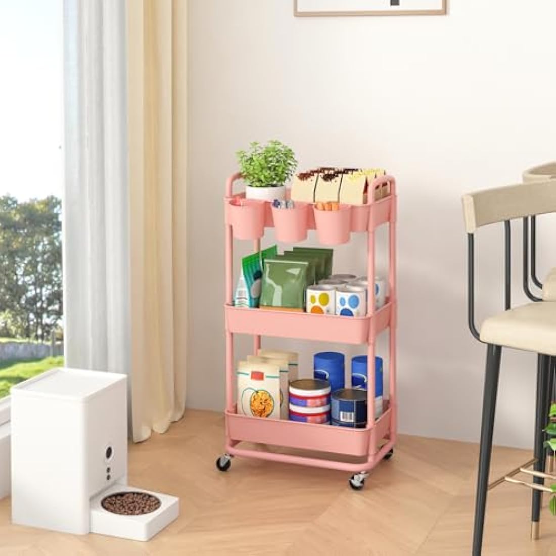 JIUYOTREE 3-Tier Rolling Utility Cart with Handles and Wheels - Pink