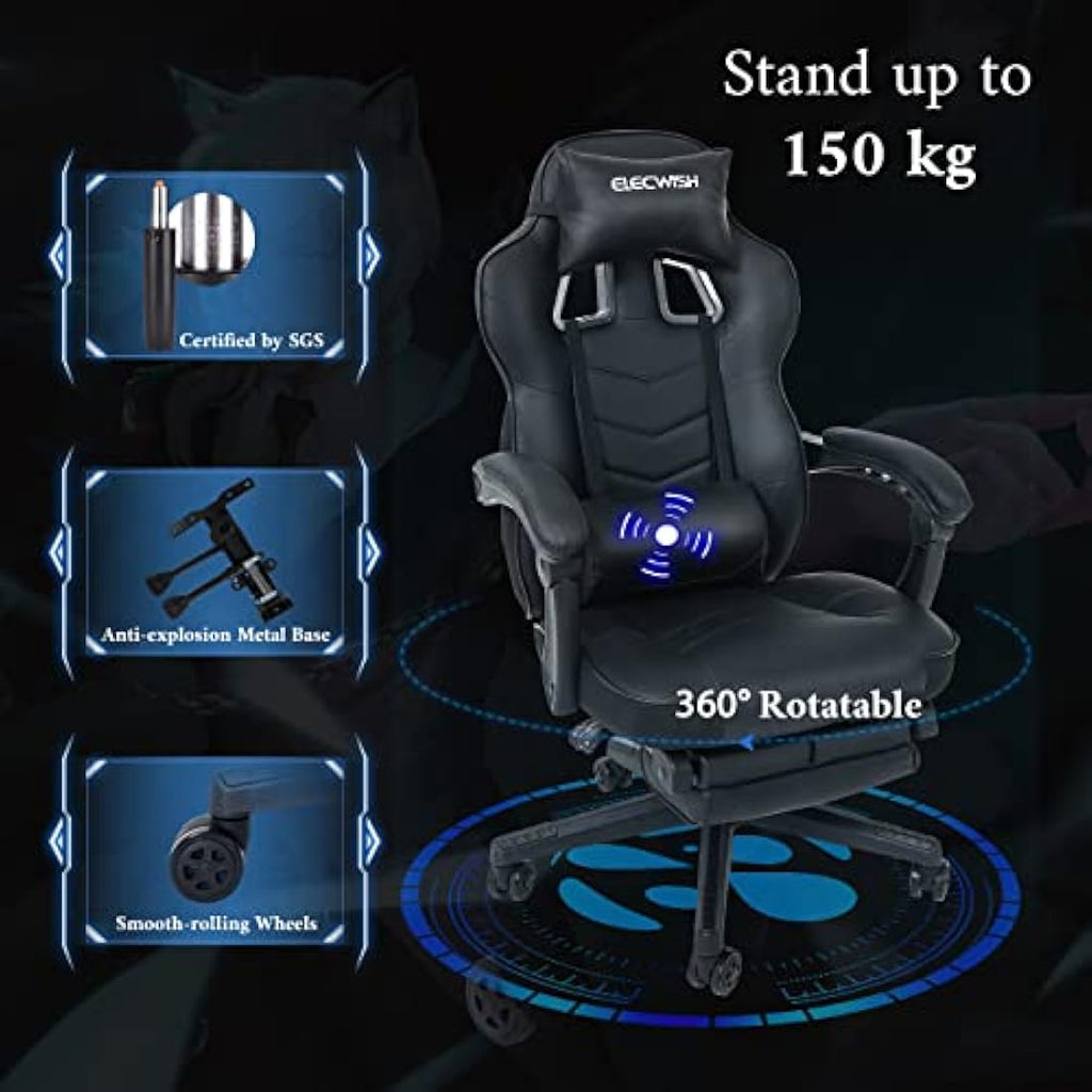 Fullwatt Gaming Chair with Footrest and Massage Lumbar - PU Leather Black