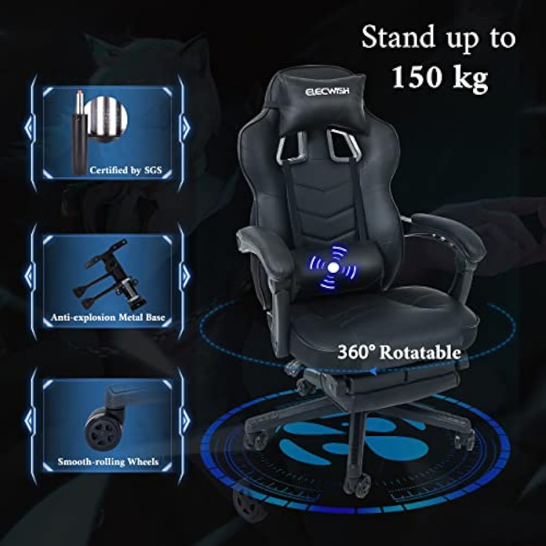 Fullwatt Gaming Chair with Footrest and Massage Lumbar - PU Leather Black